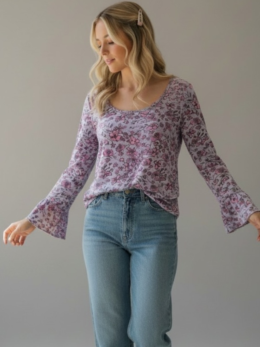 J. Jill Purple Floral Bell Sleeve Top, Size Small, Purple and Pink Cute - Picture 9 of 11